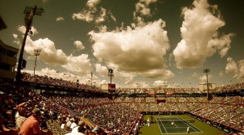 tennis court, tennis, stadium, audience, crowd, sport, competition, event, championship, green, match, player, versus, people, grunge, court, nature, spectators, sports, net, rogers centre, sky, clouds, athletes, flags, brown crowd, brown sports, brown event