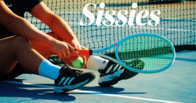 Tennis player seated on court with racket and “Sissies” text referencing LGBTQ+ themed movie