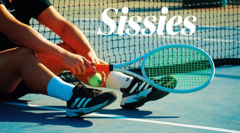 Tennis player seated on court with racket and “Sissies” text referencing LGBTQ+ themed movie